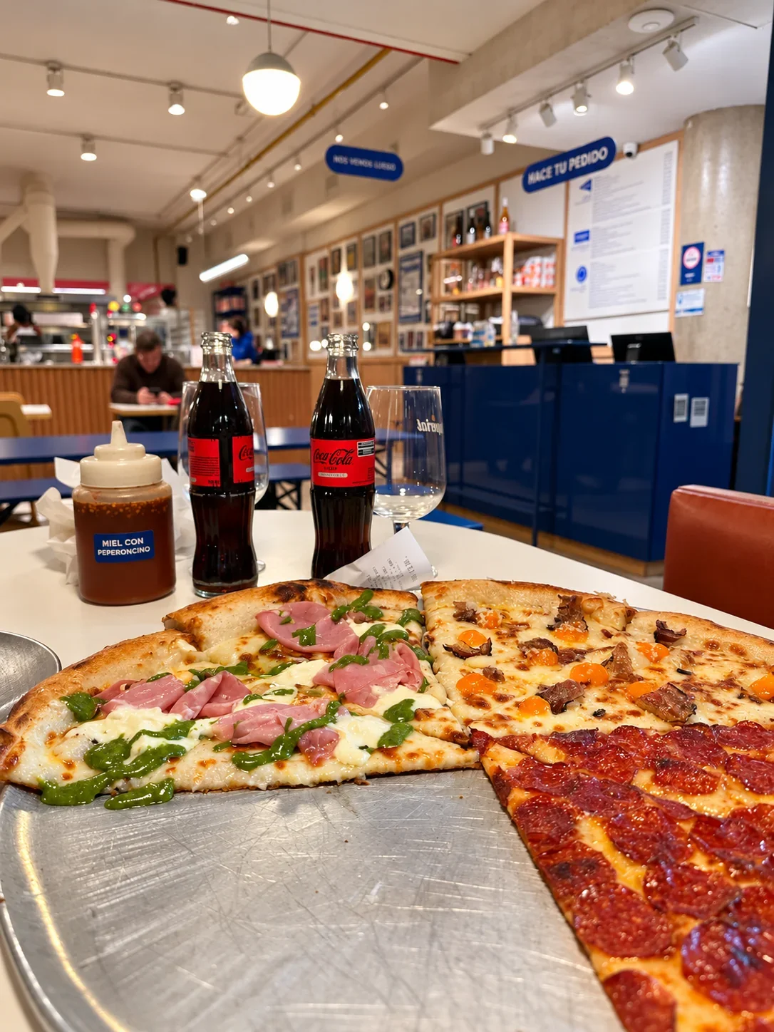 New York–style pizza slices on a tray inside Togni’s Belgrano slice shop